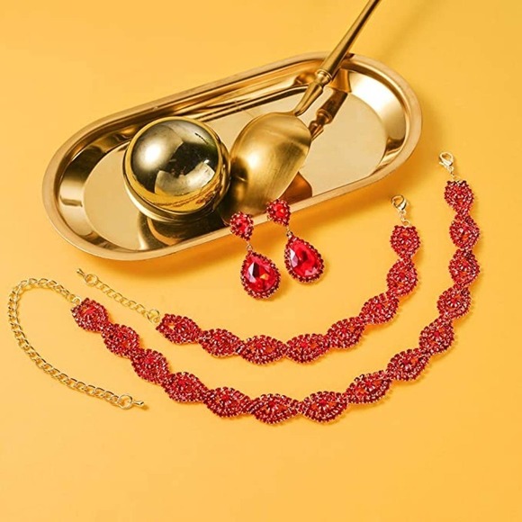 Ruby Red Crystal Necklace Set CZ Cubic Rhinestone Necklace Bracelet Earrings Set - Picture 4 of 6